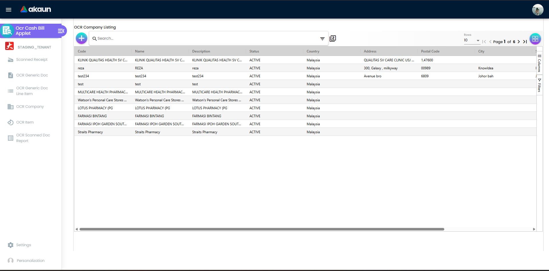 OCR Company Listing showing company code, name, country, and status