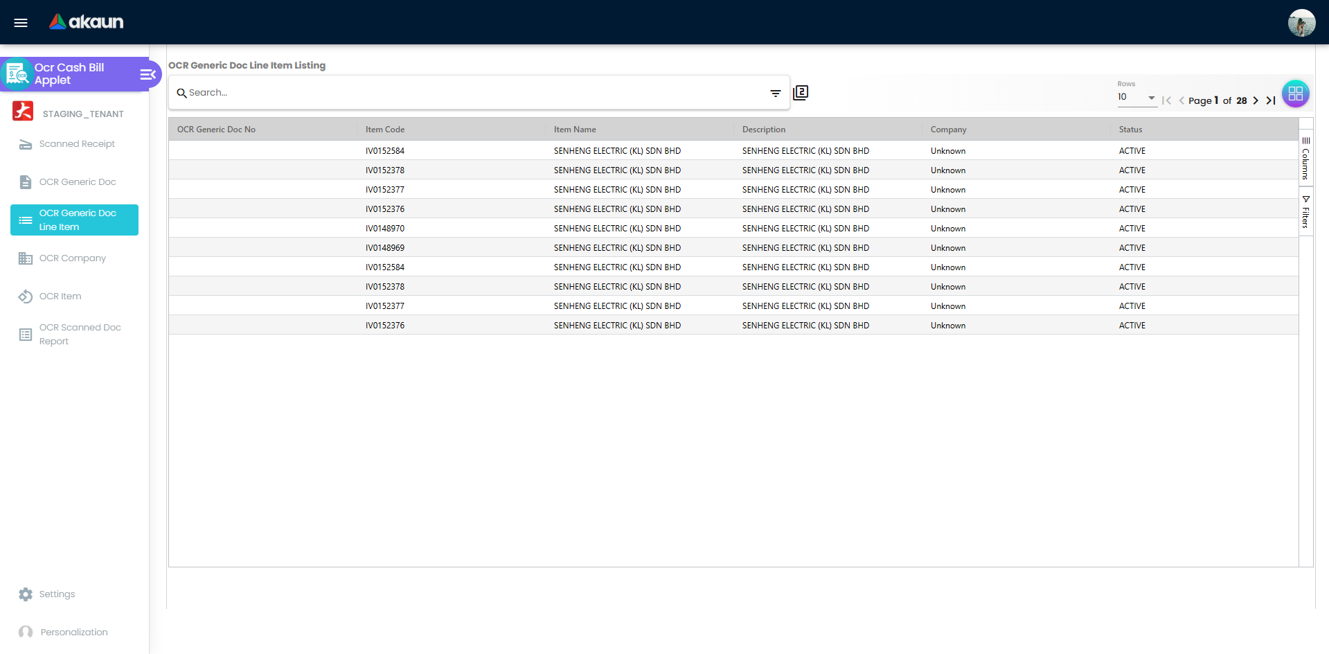 OCR Generic Doc Line Items tab listing extracted OCR lines