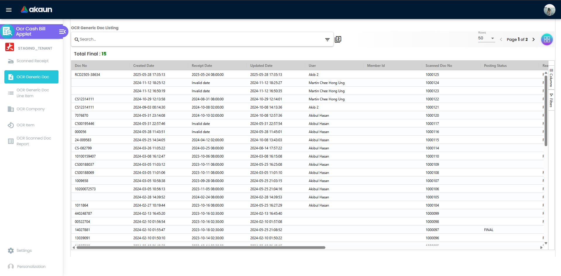 OCR Generic Doc Listing with search filters and document statuses