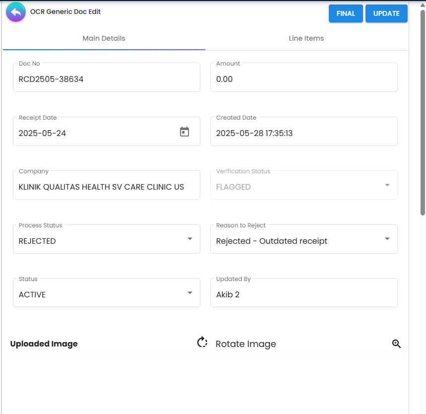 OCR Generic Doc Main Details tab with doc number, amount, company, and statuses