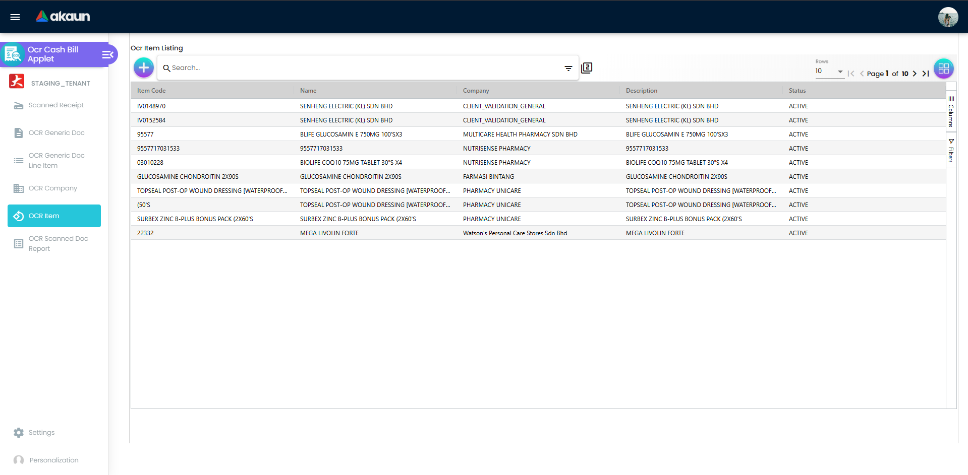 OCR Item Listing showing item code, name, linked company, and status
