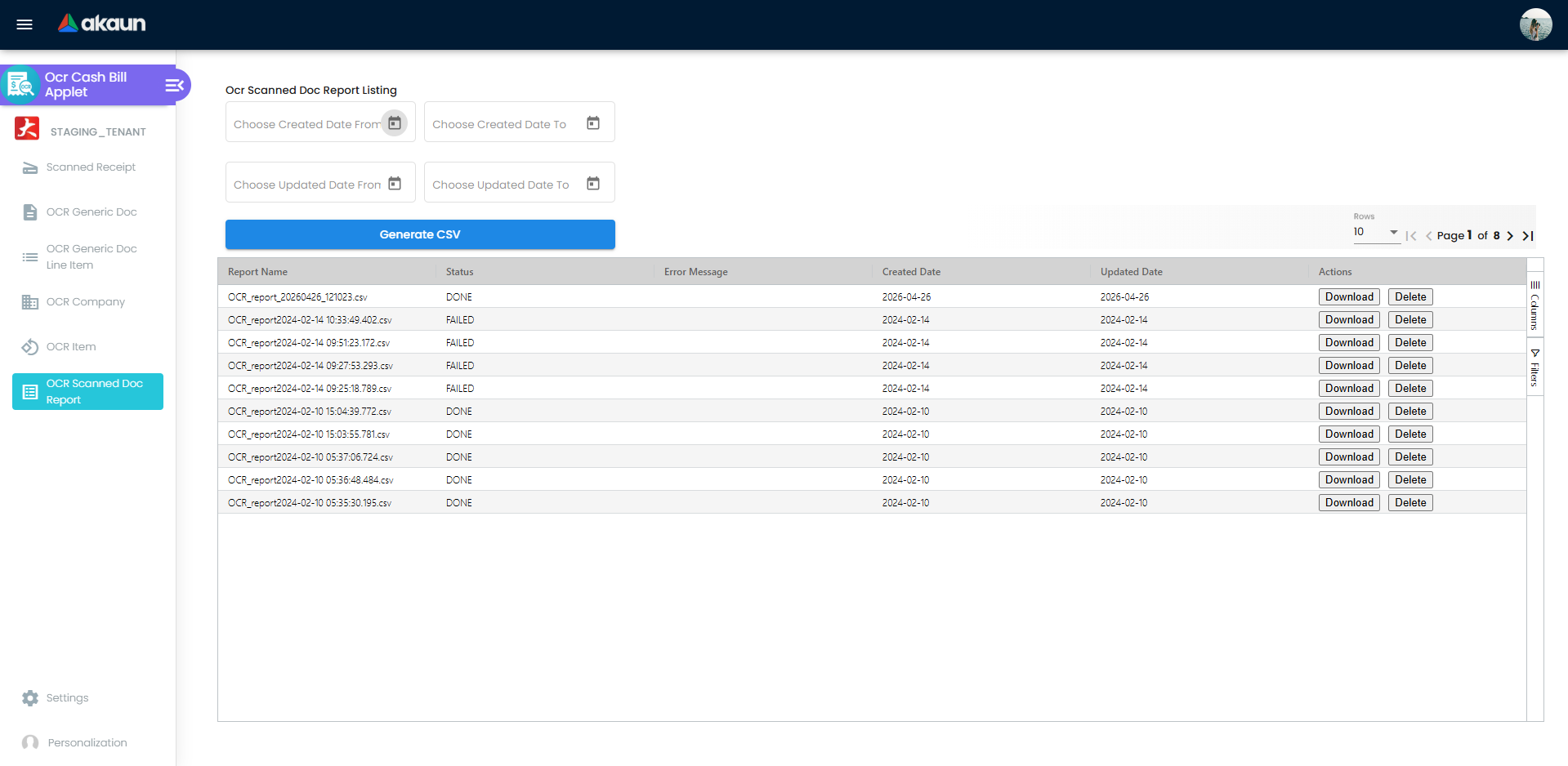 OCR Scanned Doc Report page with date filters, Generate CSV button, and report status listing