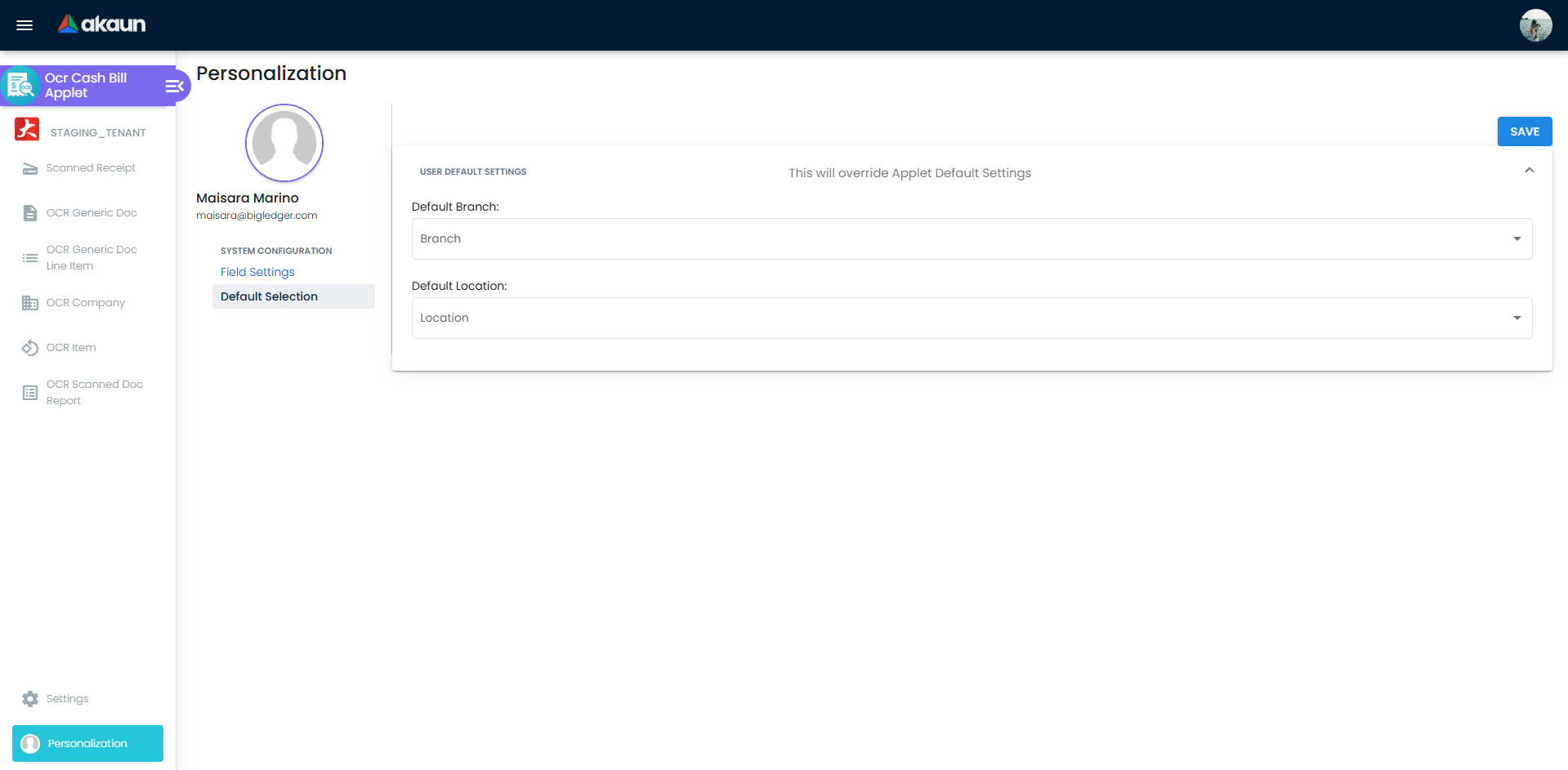 Personal Default Selection page for user-level branch and location preferences