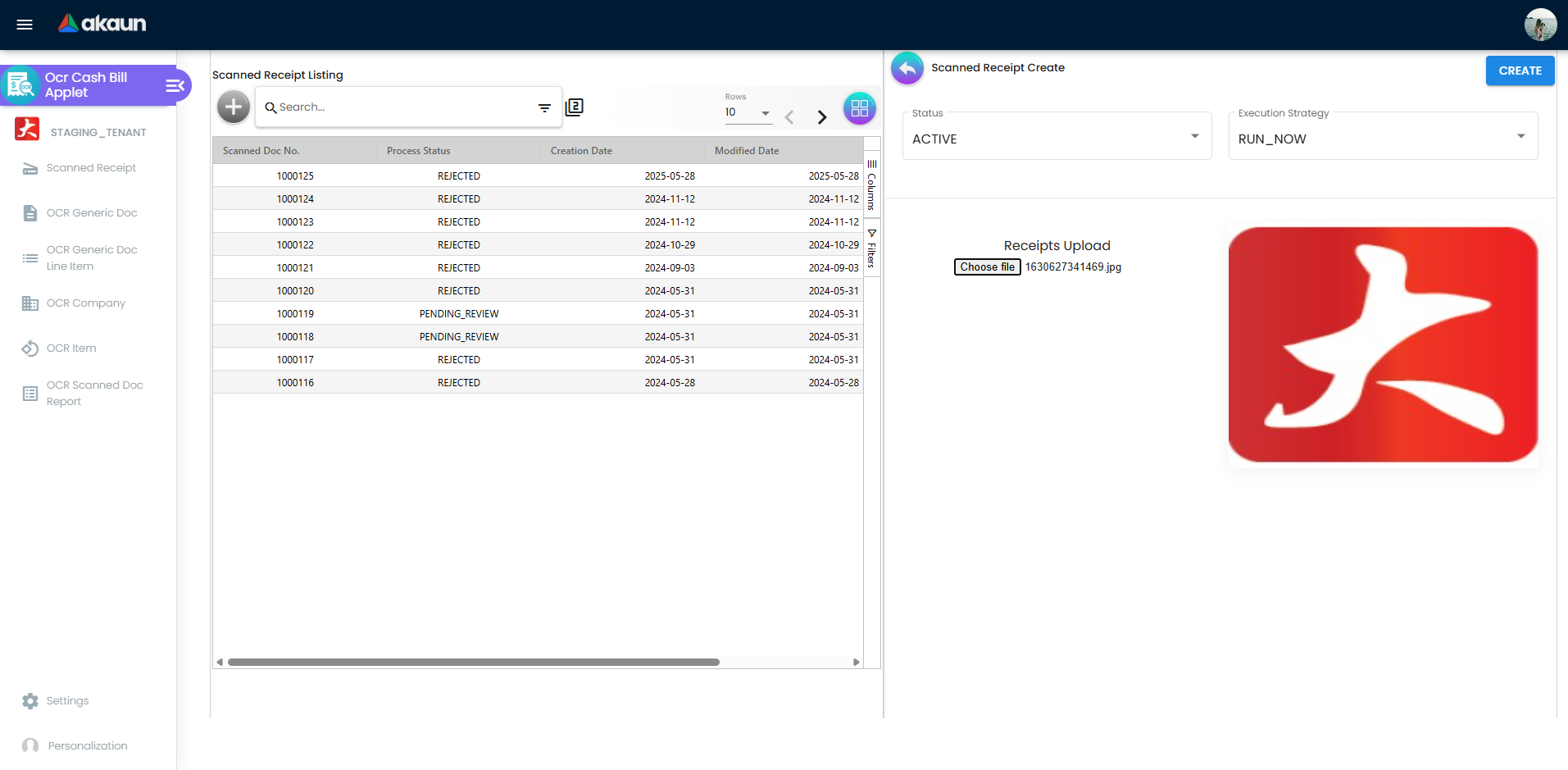 Scanned Receipt Create form with status, execution strategy, and receipt upload area