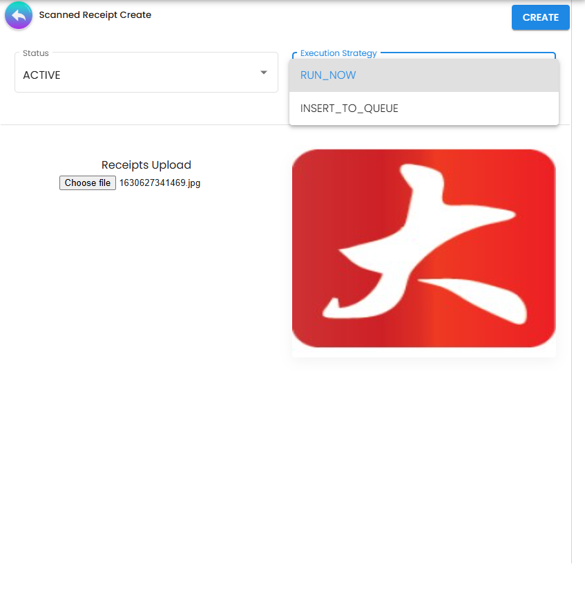 Scanned Receipt Edit page showing uploaded image preview and OCR output JSON