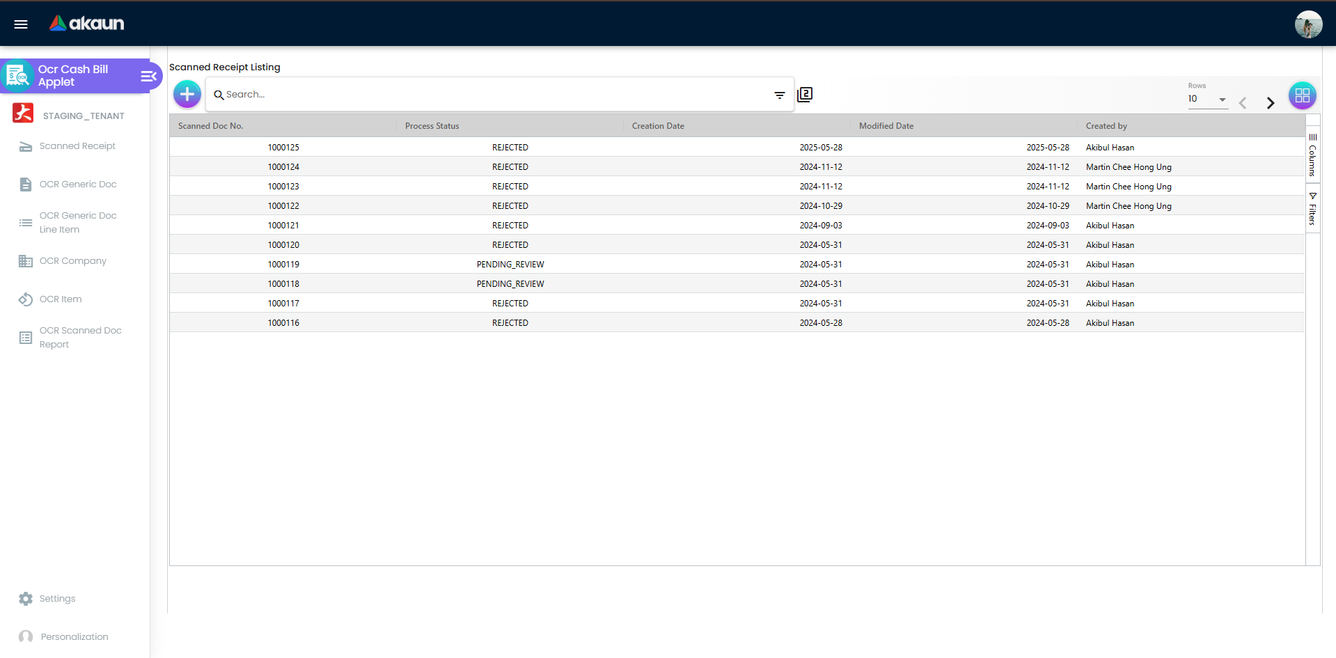 Scanned Receipt Listing page showing uploaded documents and processing statuses