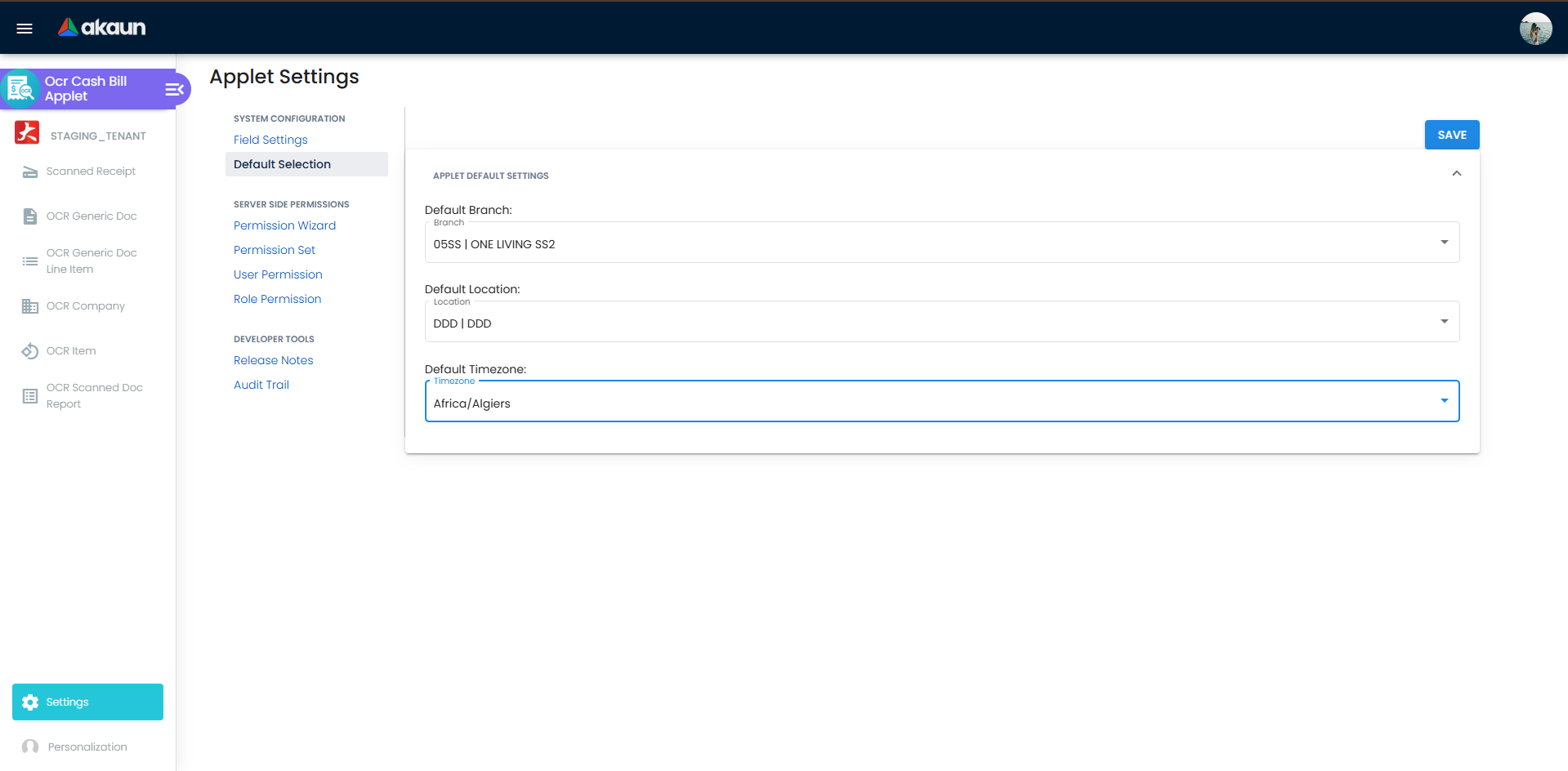 Default Selection settings page for branch, location, company, and timezone