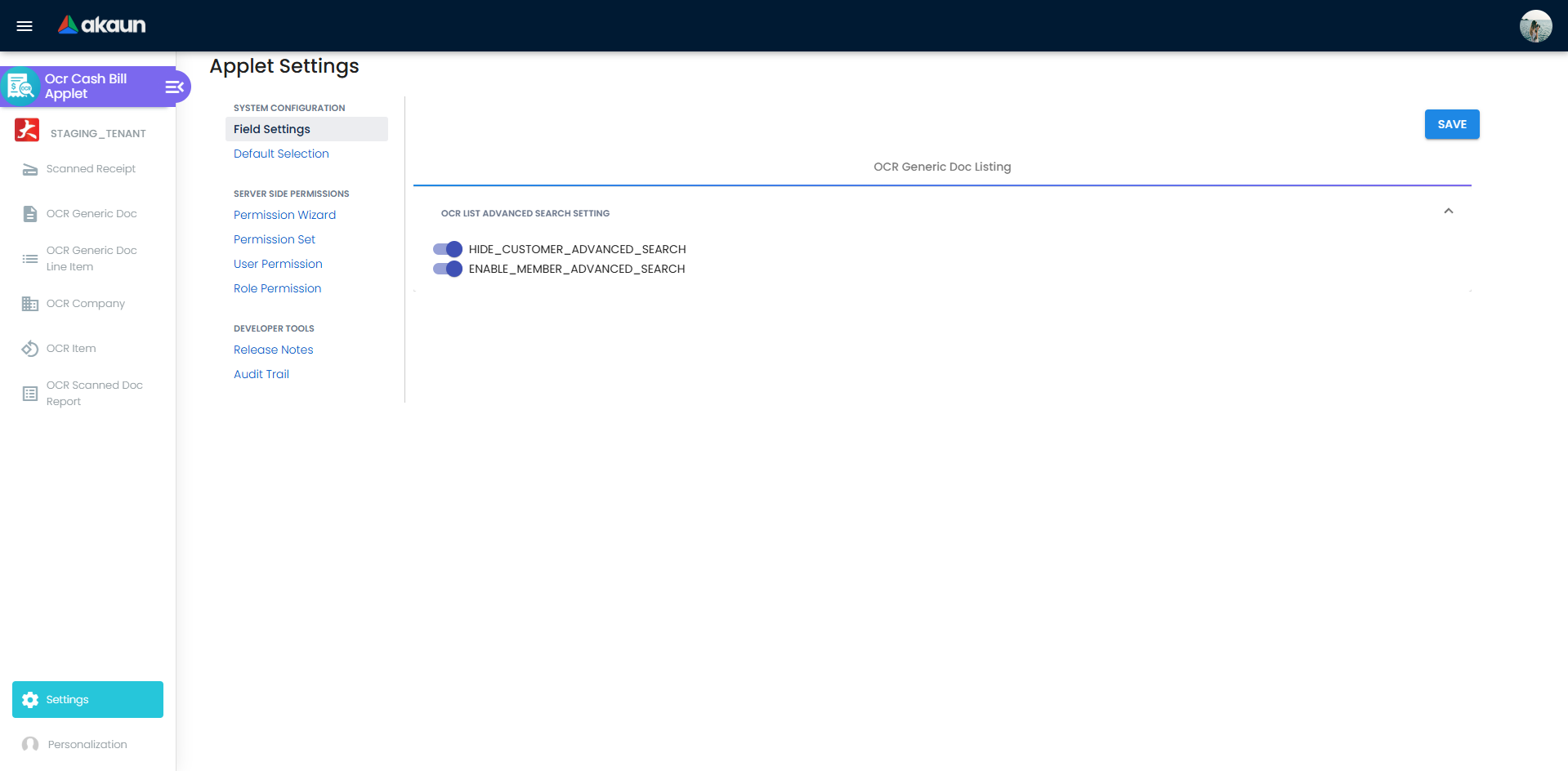 Field Settings page with advanced search toggle options