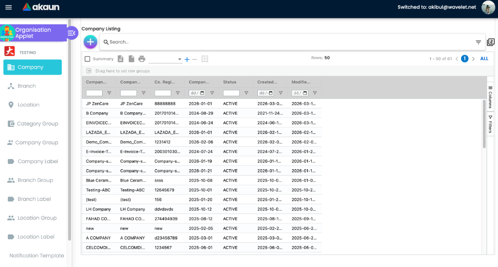 Company Listing view in the Organisation Applet showing a grid of active company records.