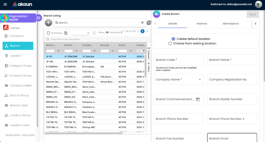 Create Branch view showing the Details tab with options to create or choose a location, and branch identity fields.