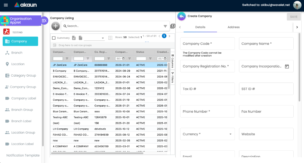 Create Company view showing the Details tab with required fields like Company Code and Name.