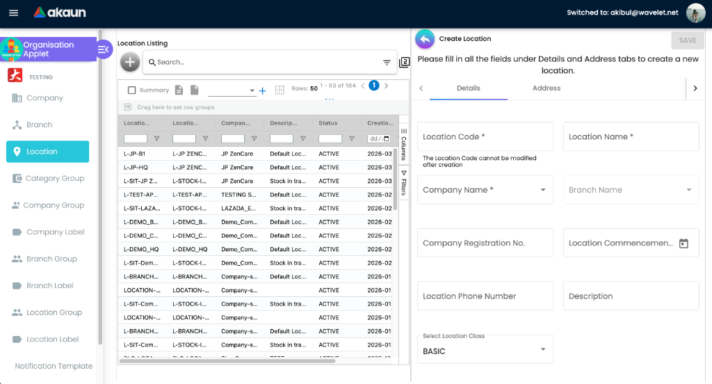 Create Location view showing the Details tab with required fields like Location Code, Name, and Company/Branch links.