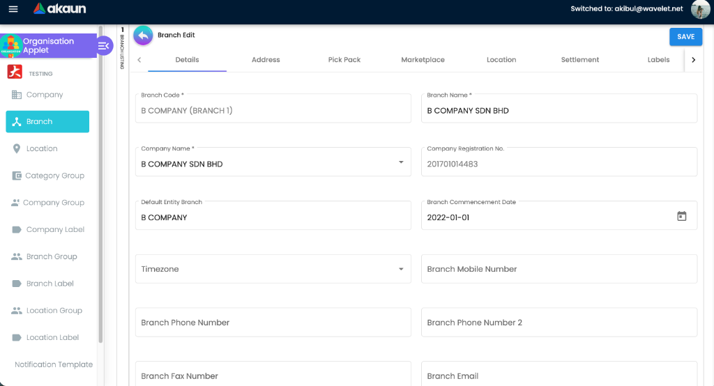 Branch Edit view showing the Details tab for an existing record with additional sub-tabs unlocked like Pick Pack and Marketplace.