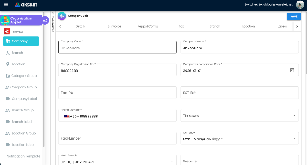 Edit Company view showing the Details tab for an existing record with additional sub-tabs unlocked.