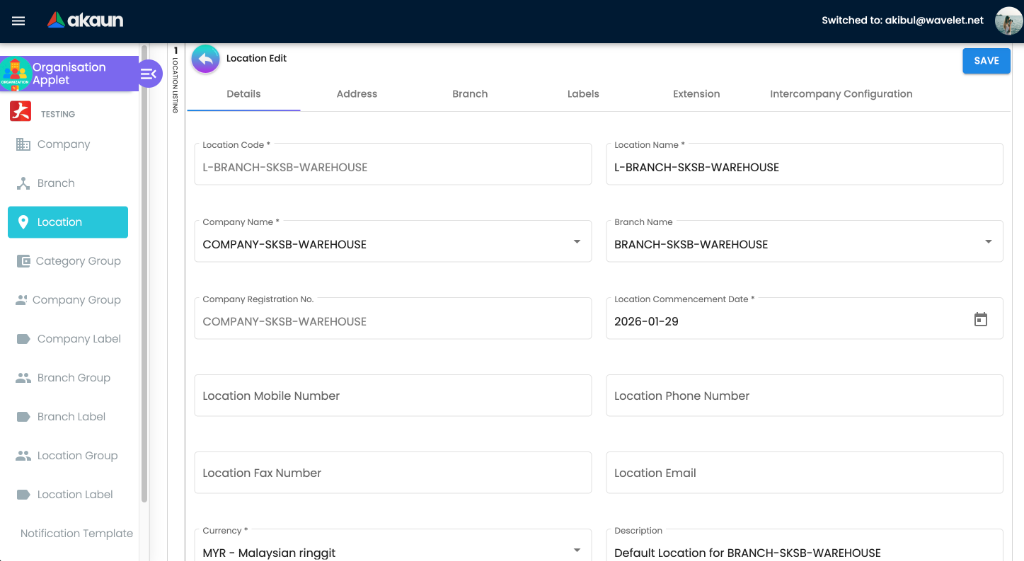 Location Edit view showing the Details tab for an existing record with additional sub-tabs unlocked like Branch links and Extensions.