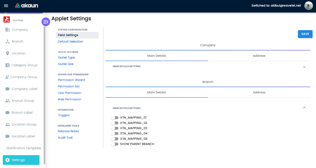 Field Settings view in the Organisation Applet showing toggles for XTN_MAPPING_01 through 05 and SHOW_PARENT_BRANCH under the Branch > Main Details settings group.