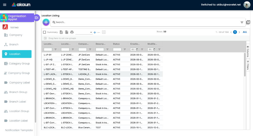 Location Listing view in the Organisation Applet showing a grid of active and inactive location records.