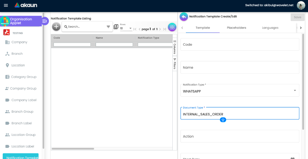 Notification Template view showing the Listing grid on the left and the Create/Edit interface on the right with WhatsApp/Sales Order (Internal) selected.