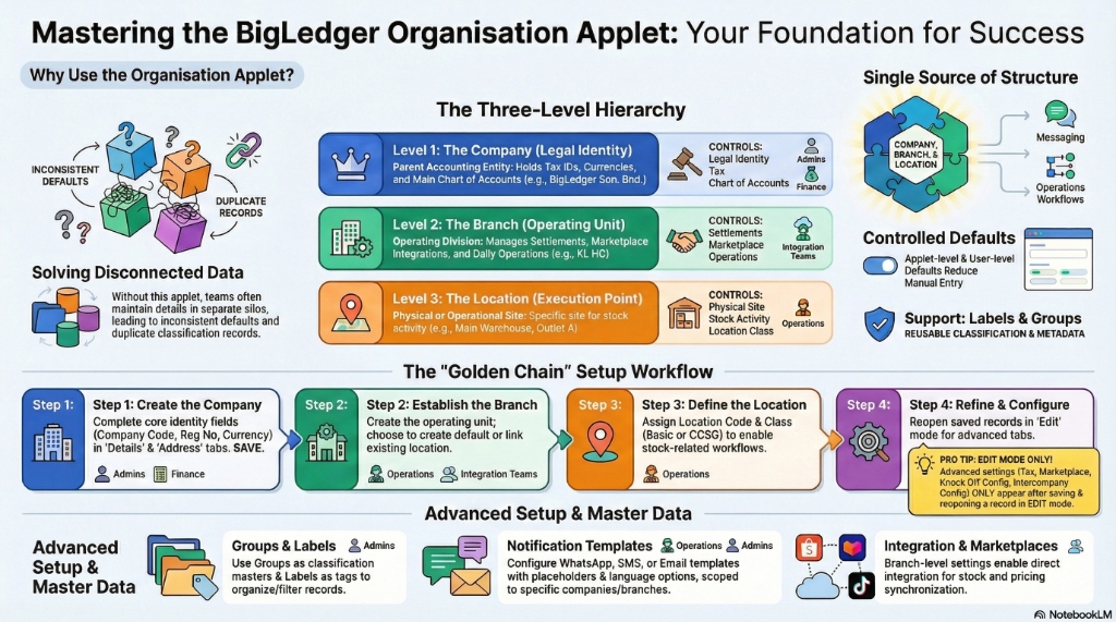 Mastering the BigLedger Organisation Applet infographic showing the three-level hierarchy, the golden chain setup workflow, and advanced setup options.