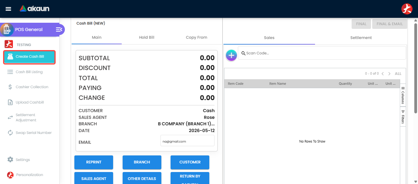 Create Cash Bill