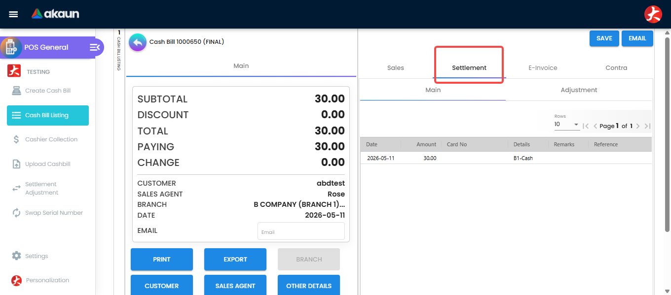 Settlement Tab