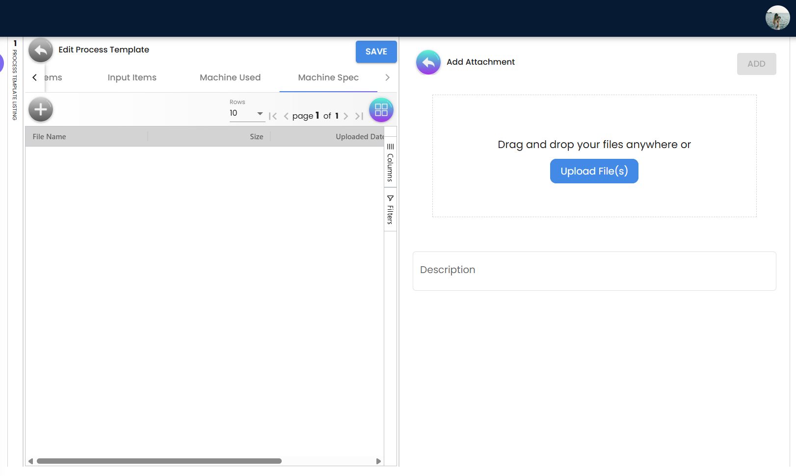 Process Template Add Machine Specification