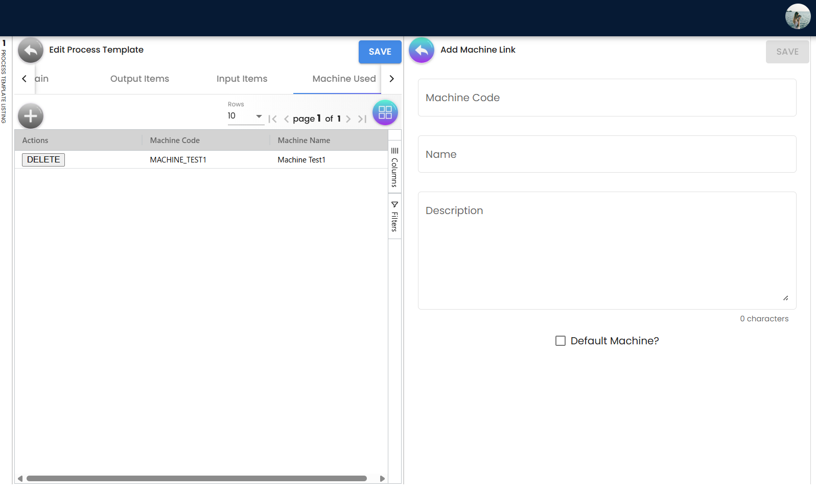 Process Template Add Machine Used