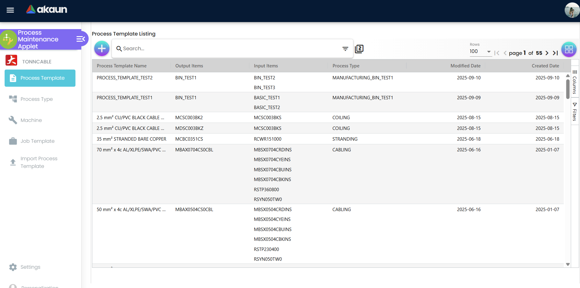 Process Template Listing