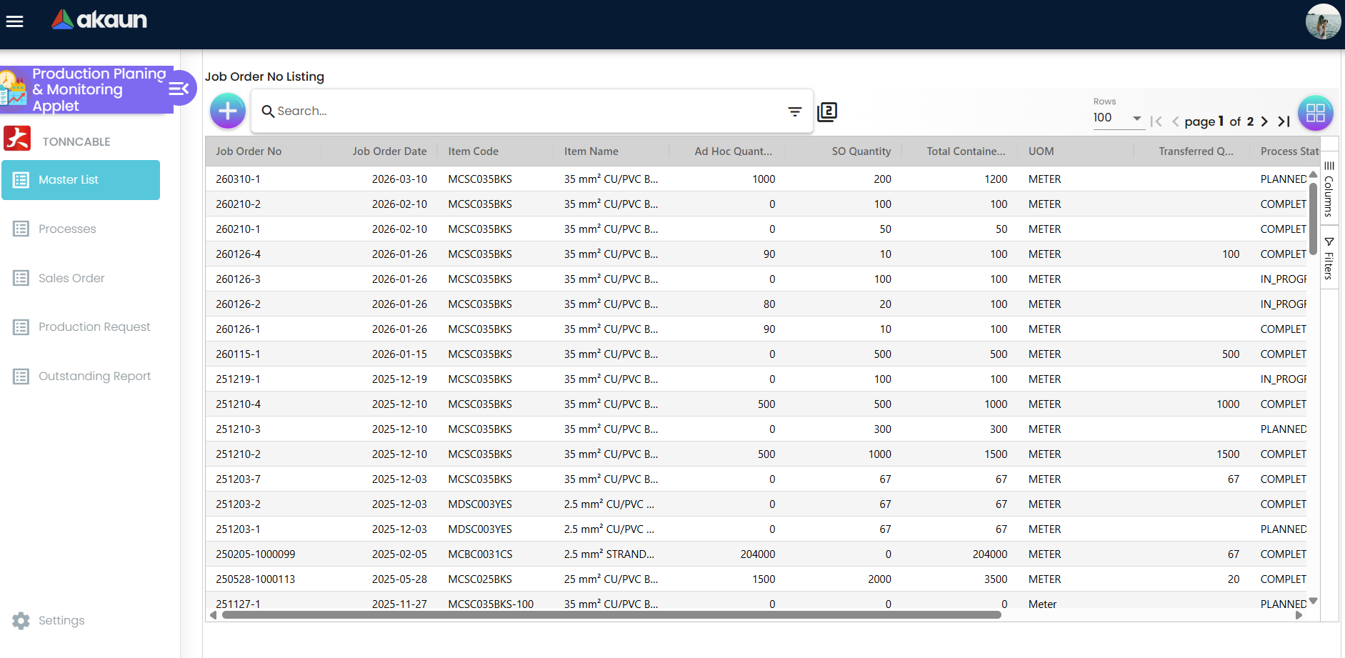 Job Order Master List