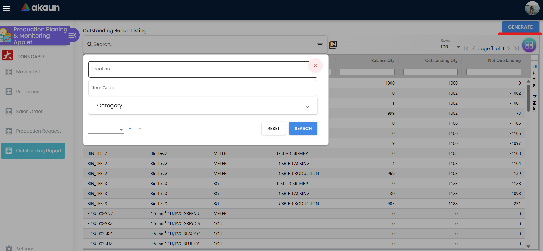 Outstanding Production Report Generation