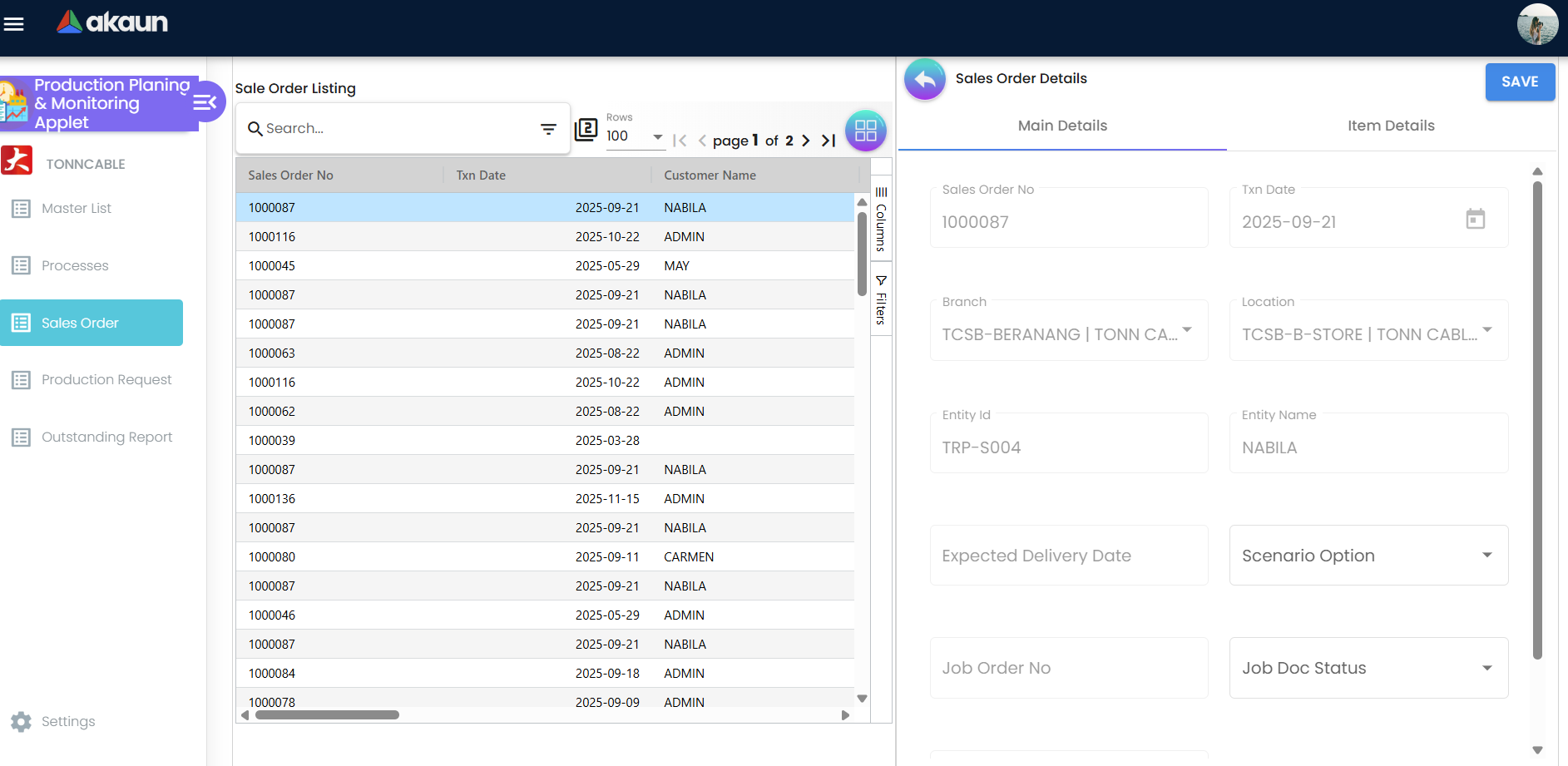 Sales Order Main Details