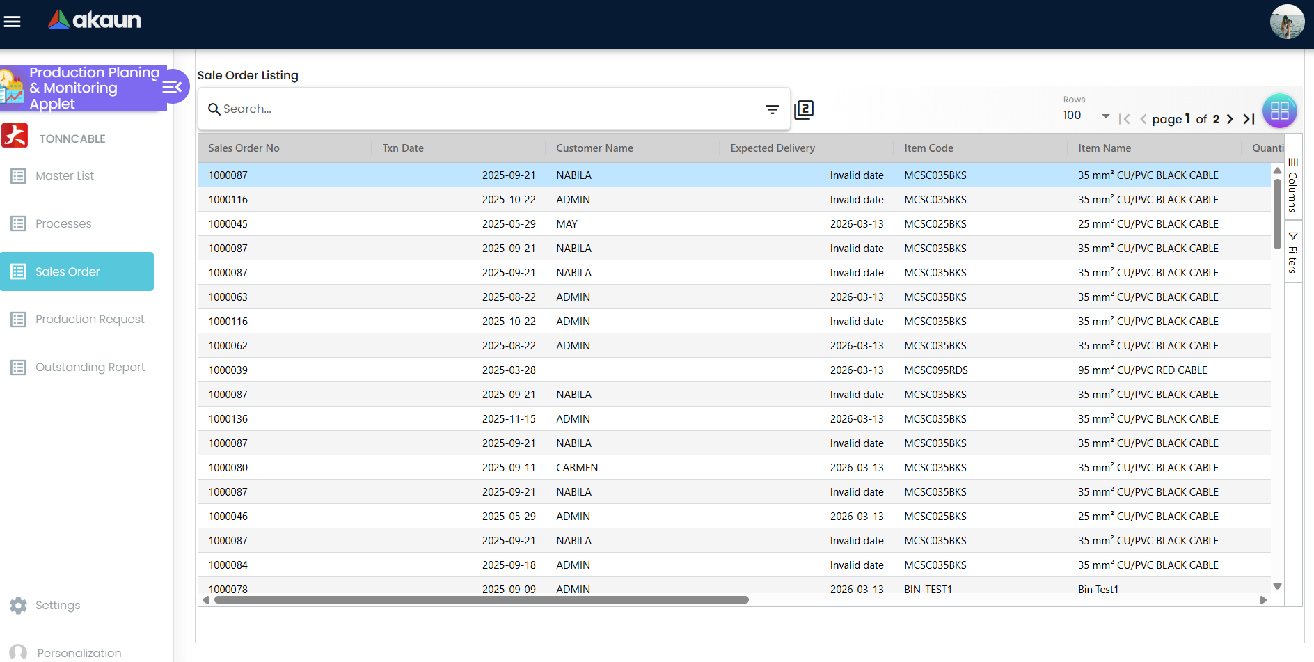 Sales Orders Listing