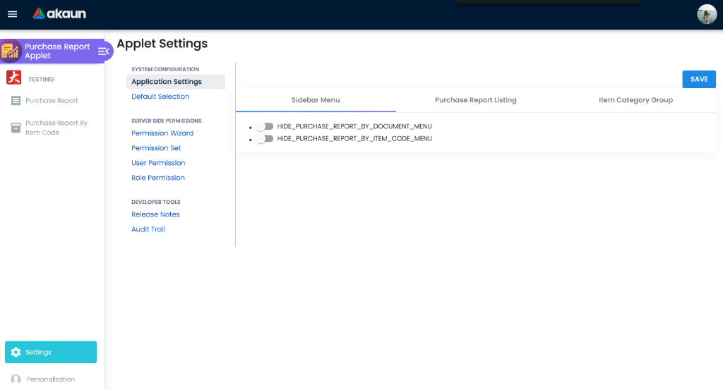 Purchase Applet Application Settings view showing toggles to hide or show specific report menus.