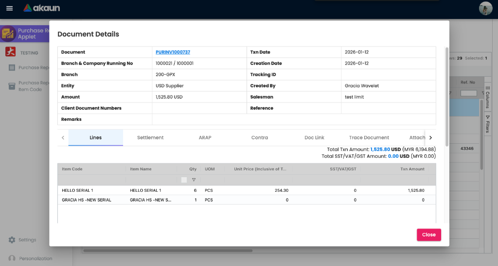Purchase Document Details view showing header information and multiple tabs including Lines, Settlement, and Doc Link.
