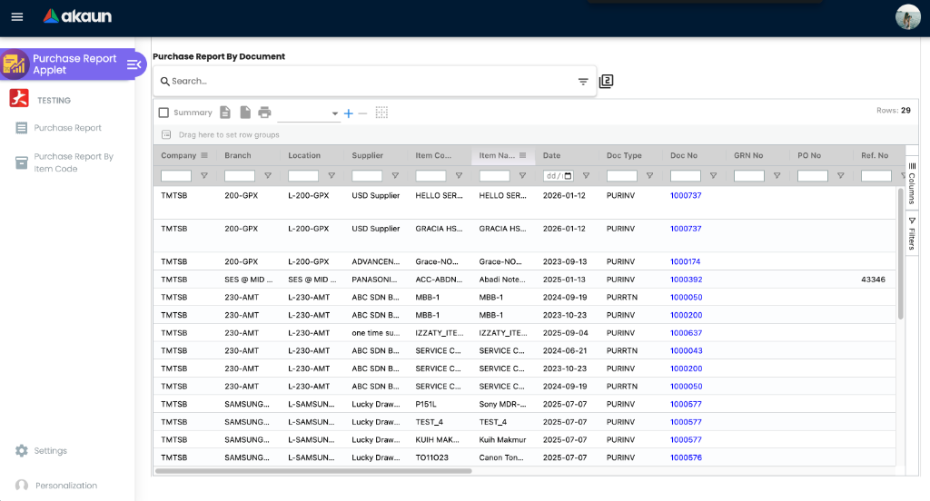 Purchase Report By Document view showing a grid of purchase transactions with supplier and item details.