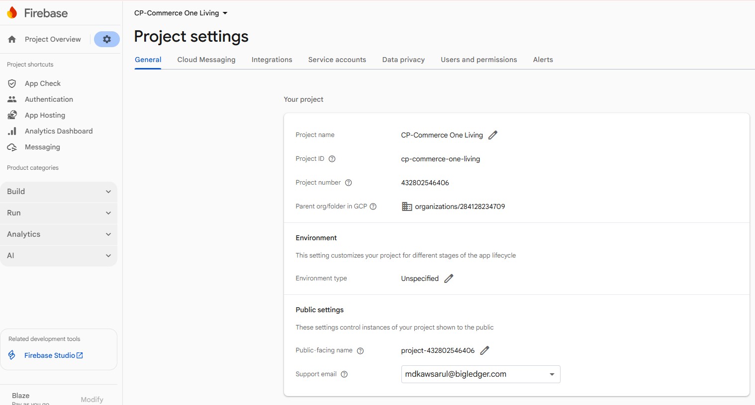 Firebase Project General Settings