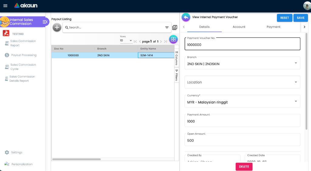 Payout Processing Workspace - showing the Payout Listing grid on the left and the View Internal Payment Voucher panel on the right