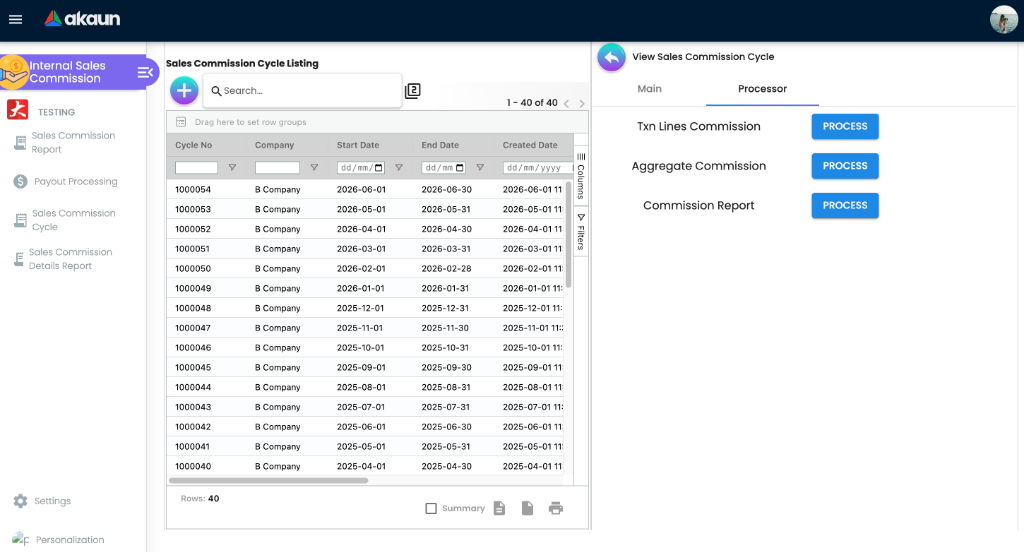 Sales Commission Cycle Workspace - showing the Sales Commission Cycle listing grid on the left and the View Sales Commission Cycle panel with Processor controls on the right