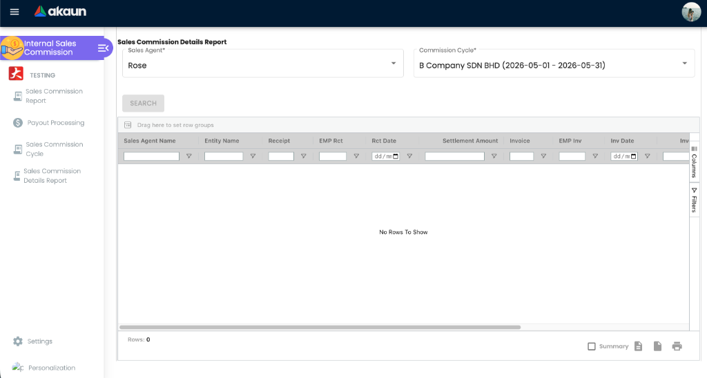 Sales Commission Details Report Workspace - showing mandatory top filter dropdowns for Sales Agent and Commission Cycle above an Ag-Grid cross-document reporting table