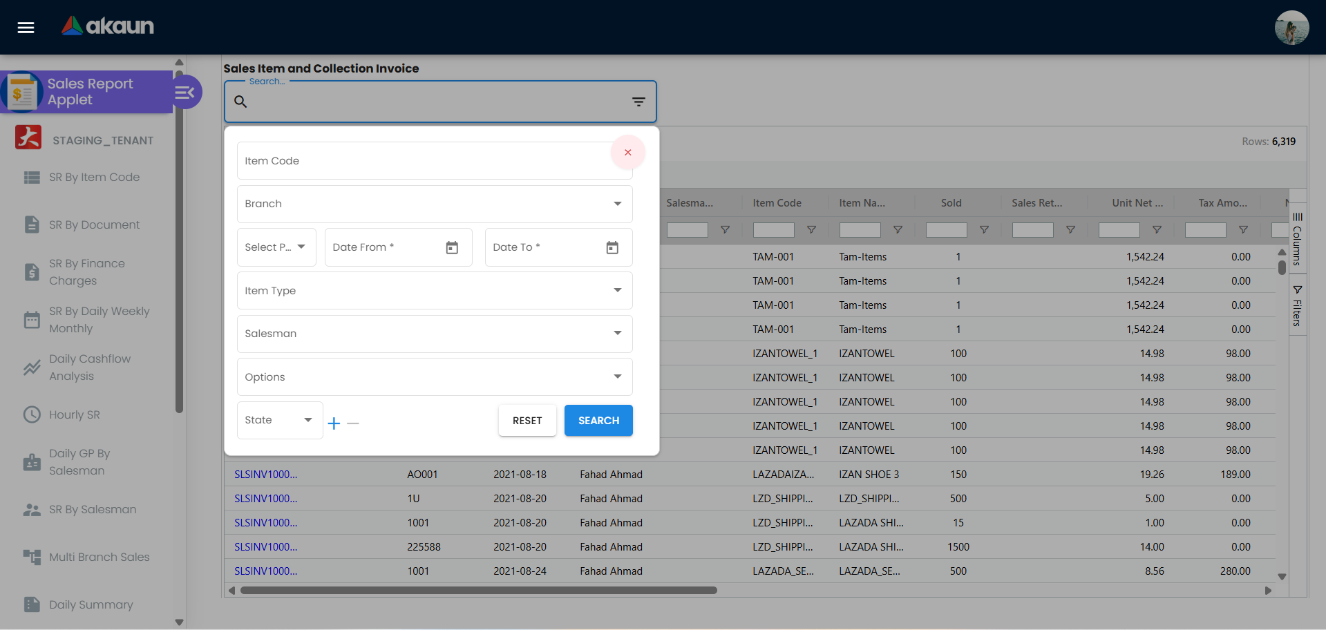 Advanced Search and Filtering panel showing filters for calculation set, date range, branch and other criteria