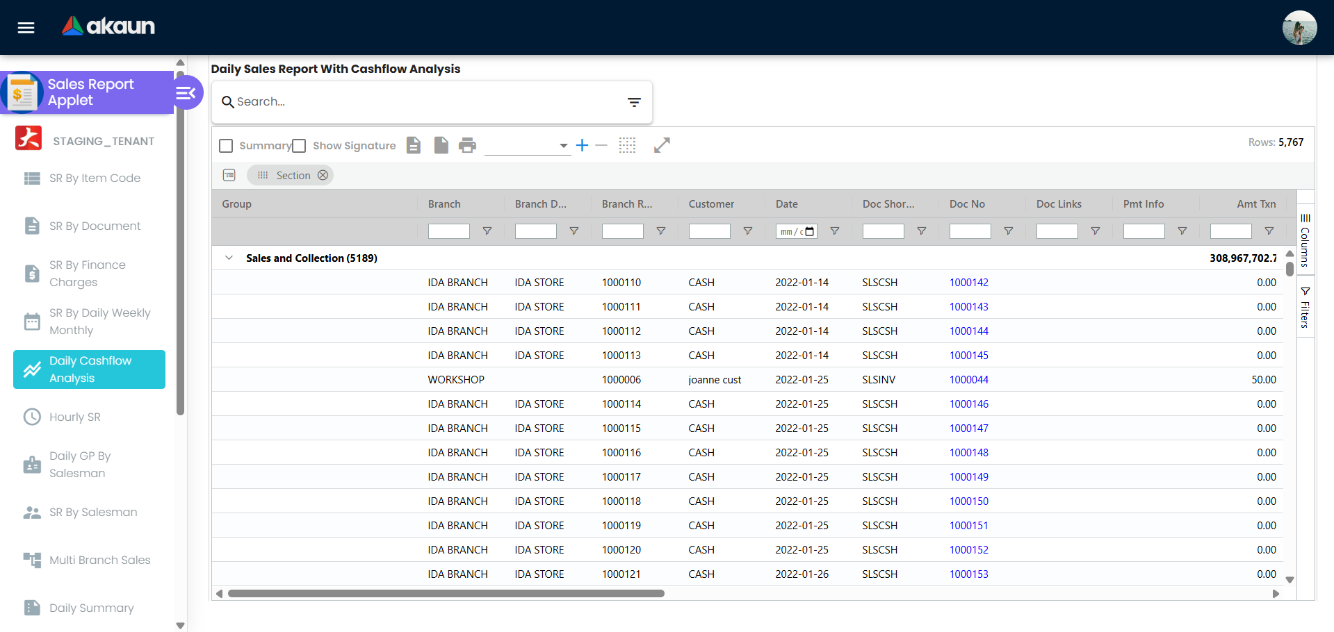 Daily Sales Report with Cashflow Analysis view showing daily sales transactions and payment information