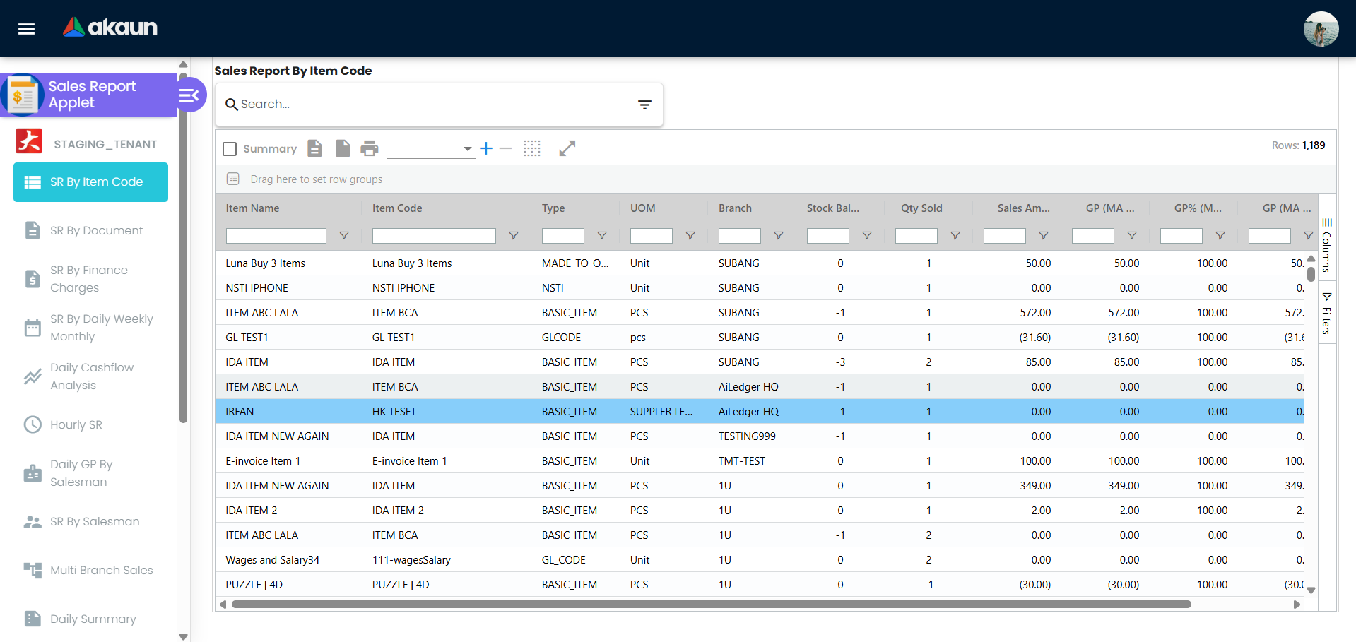 Sales Report by Item Code view showing product-level sales, returns, net sales, cost and GP in a grid