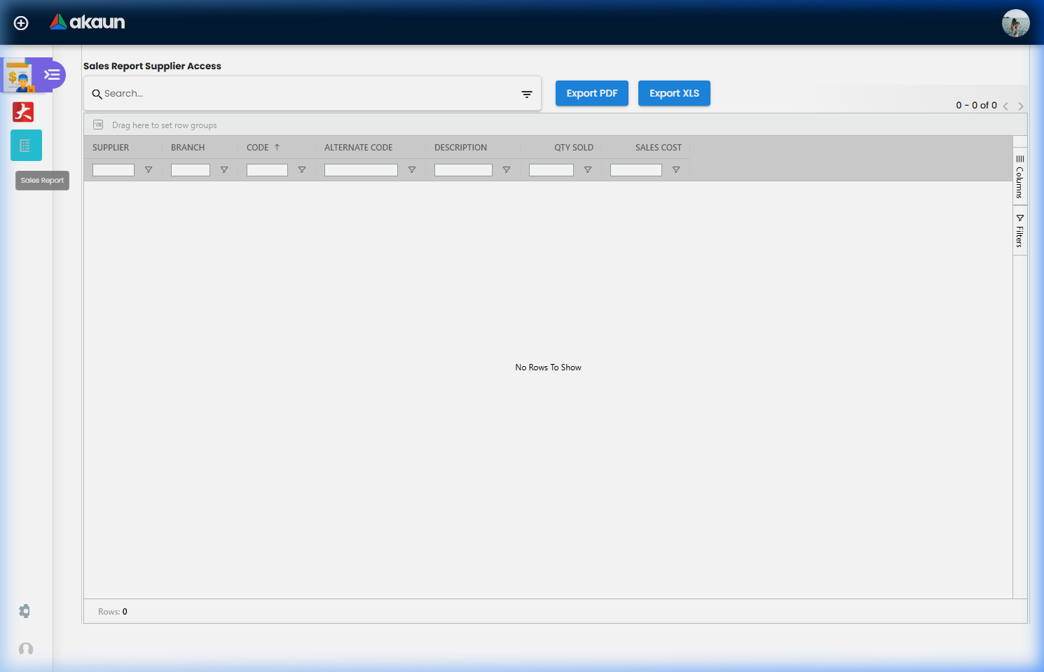Sales Report Supplier Access Listing - showing the data grid with supplier sales data