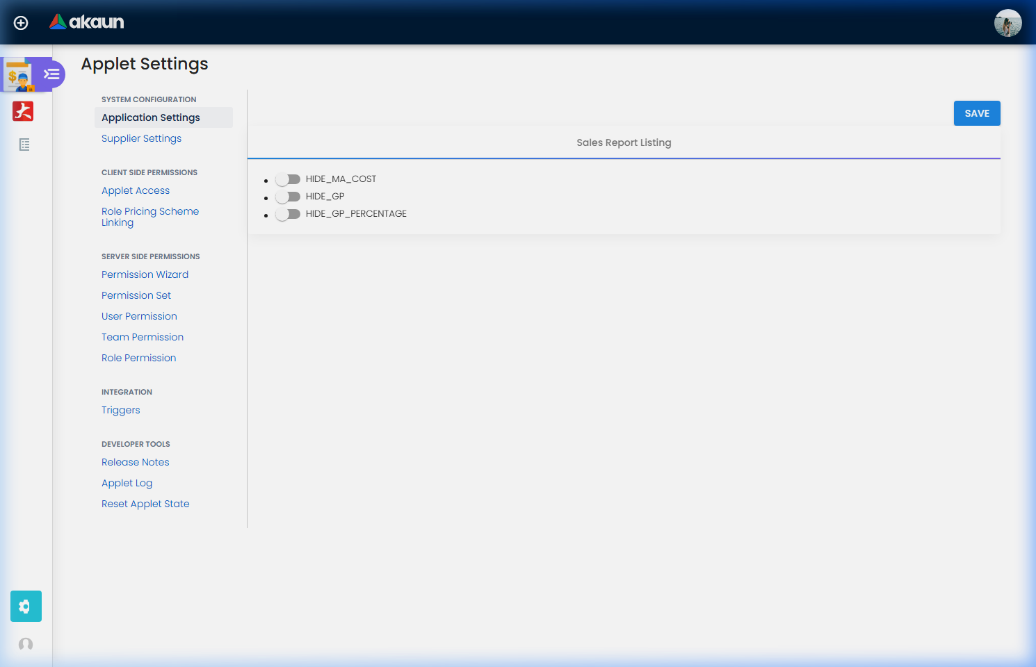 Sales Report Supplier Access Settings - showing application and supplier configuration options