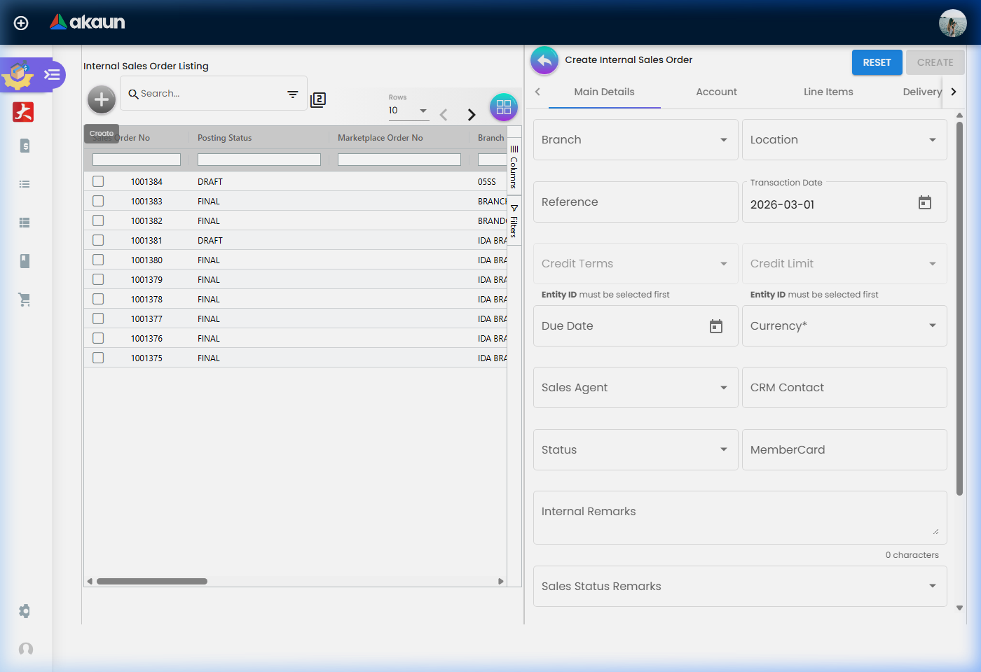 Internal Sales Order Create/Edit Form