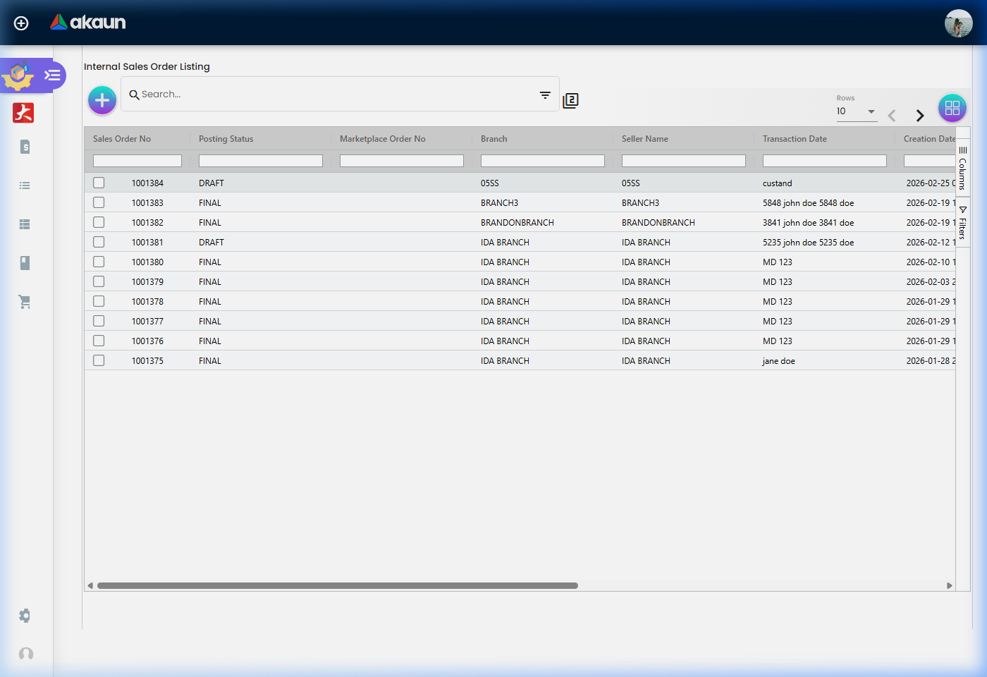 Internal Sales Order Listing
