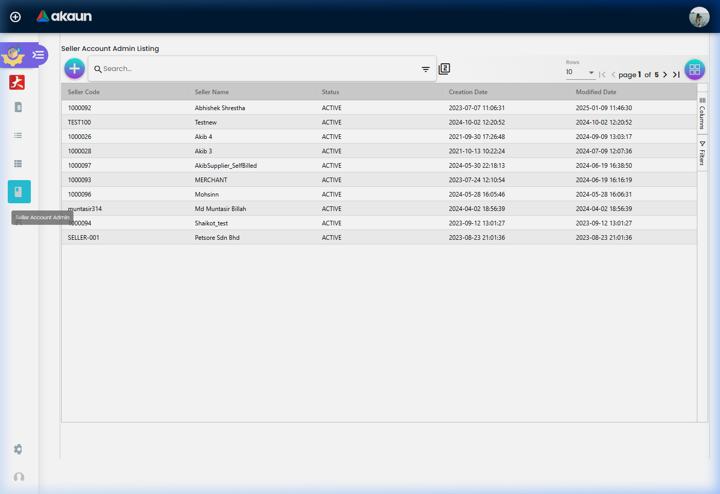 Seller Account Admin Listing