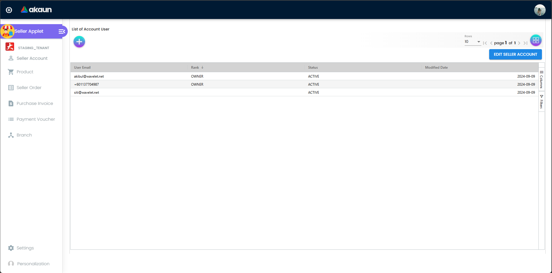 Seller Account Listing