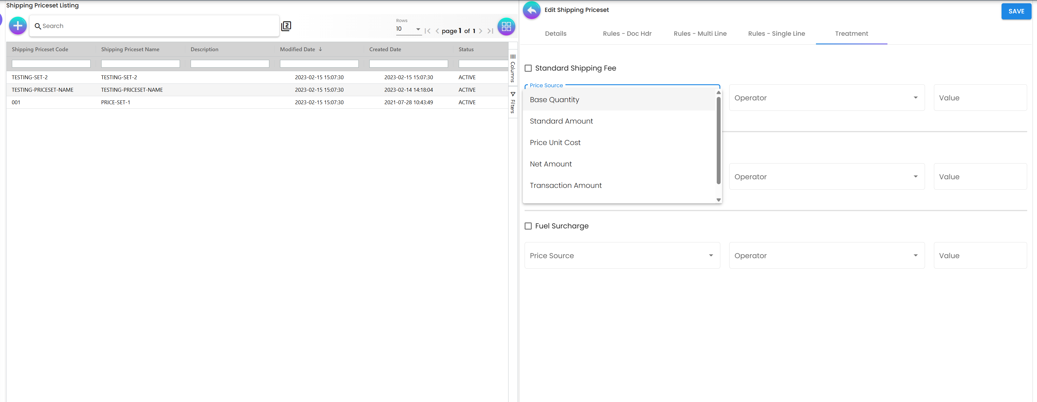 Priceset Treatment Setup