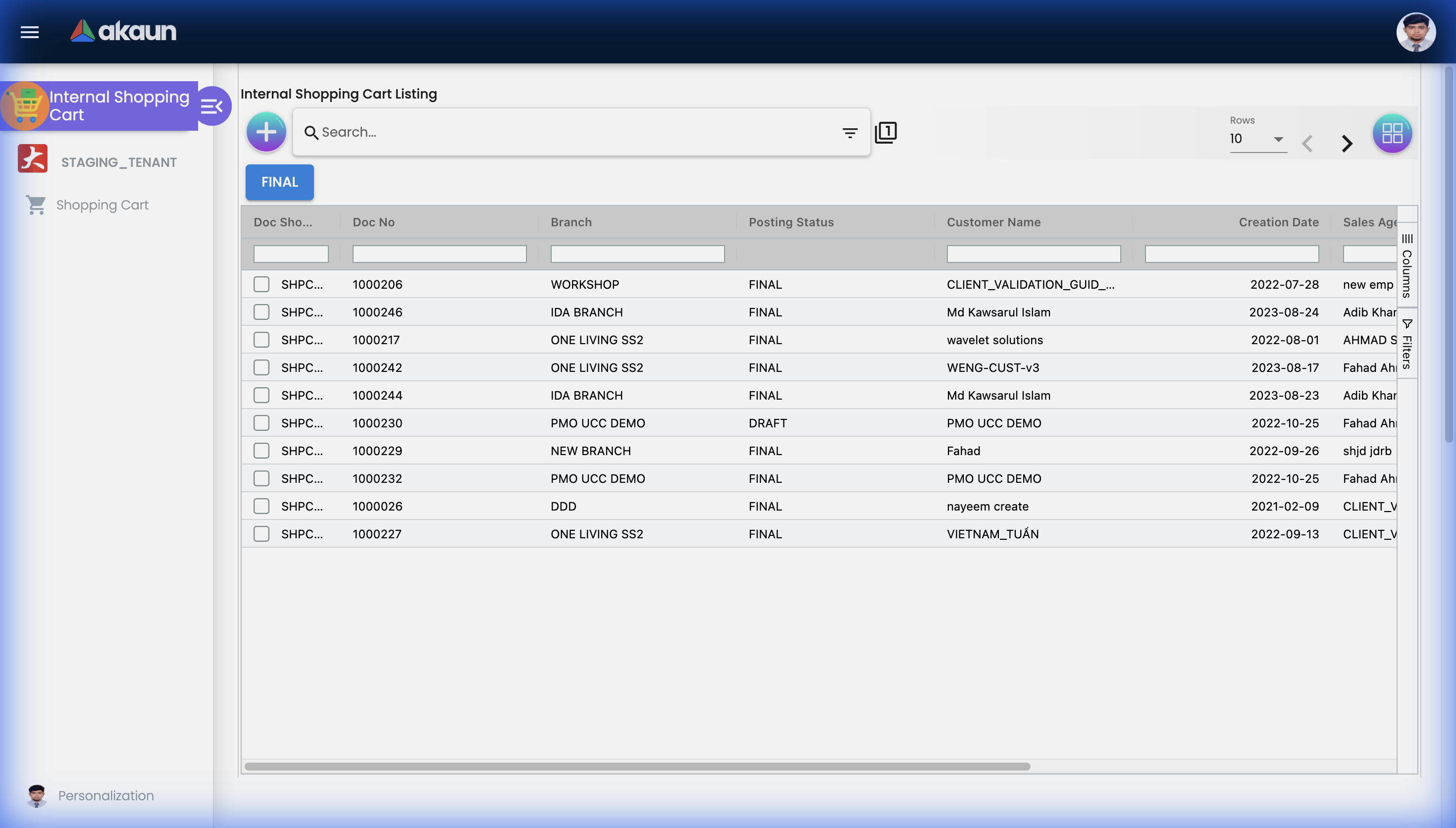 Shopping Cart Listing